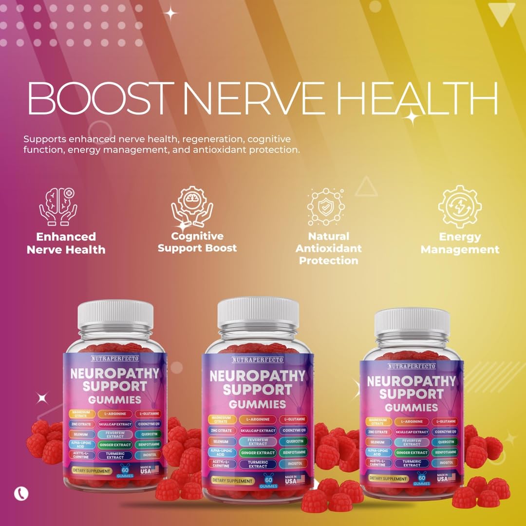 Sugar Free Neuropathy Support Gummies for Nerve – Enhanced Nerve Health, Regeneration, Cognitive Support with Vitamin B1, B6, B12, Magnesium, ALA, Turmeric, CoQ10 & More NutraPerfectoBuy Supplements Australia