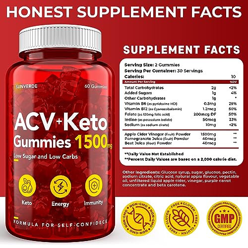 Keto ACV Gummies 1500 mg - Low Sugar Green Apple Flavor - Vegan ACV Keto Gummies SunVerdeBuy Supplements Australia