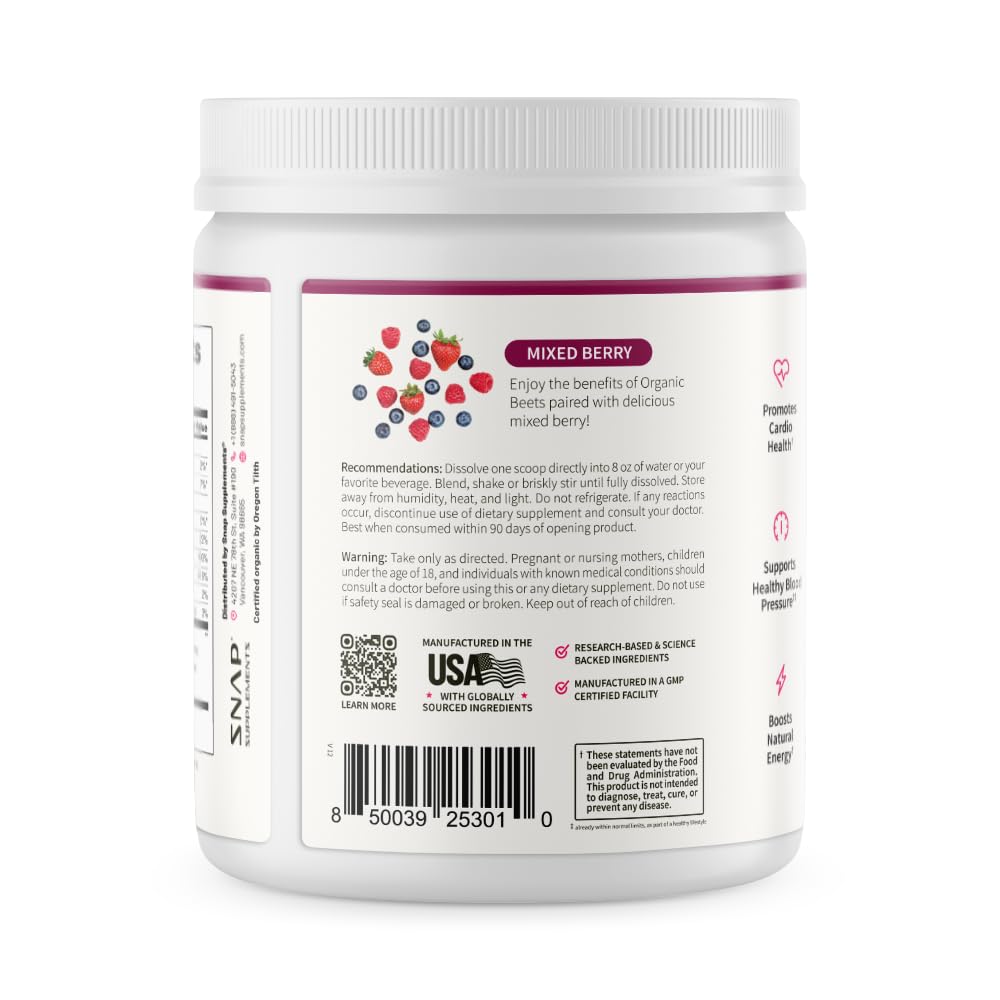 Snap Supplements Organic Beet Root Powder Nitric Oxide Supplement for Men & Women, Red Spinach & Pomegranate, Supports Healthy Energy & Blood Pressure Already in Normal Range, 30 Servings, Mixed Berry Snap SupplementsBuy Supplements Australia