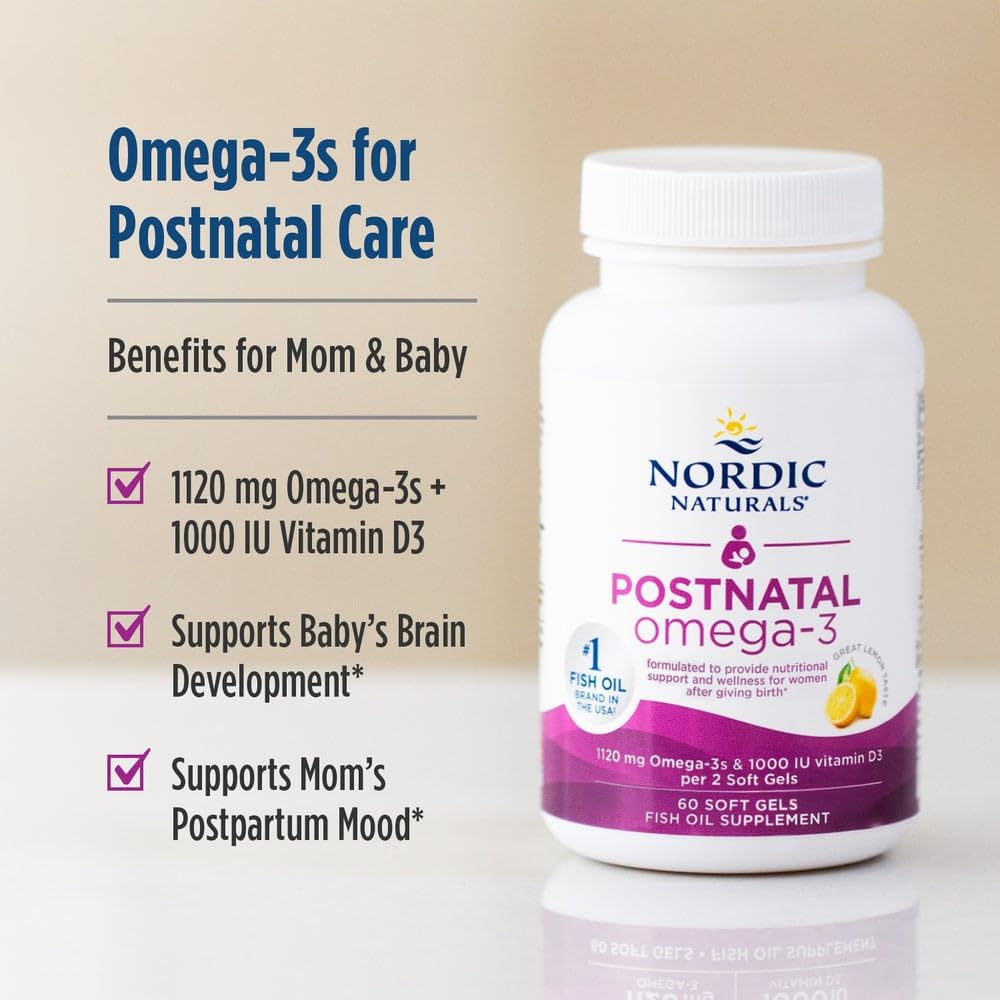 Nordic Naturals Postnatal Omega-3, Lemon - 60 Soft Gels - 1120 Total Omega-3 + 1000 IU Vitamin D3 - Formulated for New Moms; Supports Optimal Wellness,