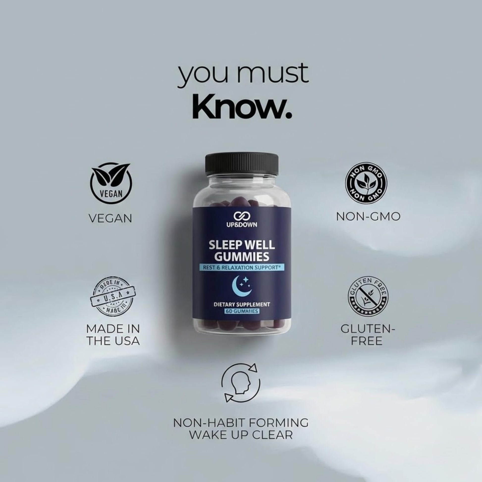 Up&Down Supplements Sleep Well Gummies | Deeper Sleep, Relaxation, Rest & Recovery Support | Melatonin, Vitamin B6 & Passionflower | Made in USA | Vegan, Non-GMO, Gluten Free | 60 Sleep Gummies Up&Down SupplementsBuy Supplements Australia
