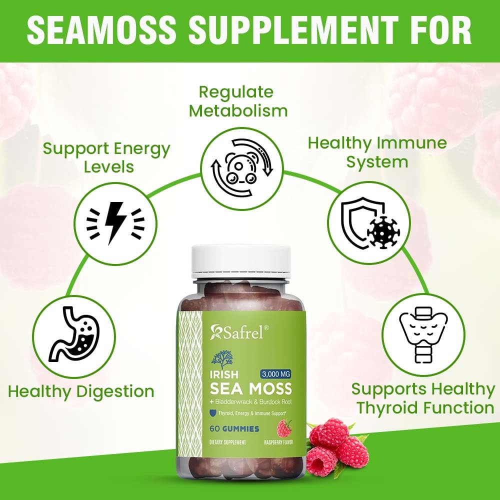Safrel Irish Sea Moss Gummies 3000mg with Bladderwrack and Burdock Root, Thyroid Energy and Immune Support, Vegan Raspberry Flavor, 60 Gummies SafrelBuy Supplements Australia