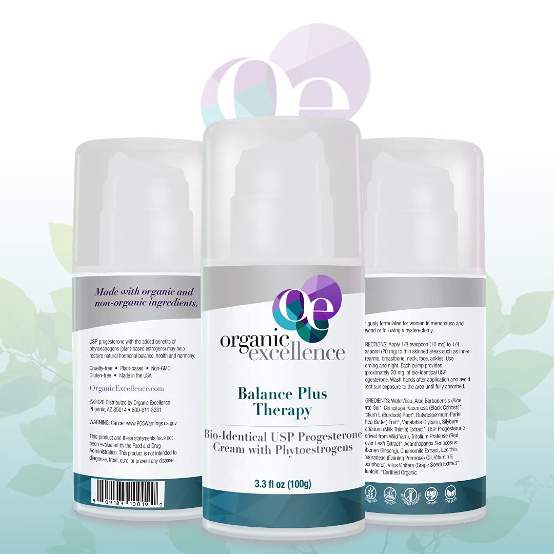 Organic Excellence Balance Plus Therapy - USP Bioidentical Organic Progesterone Cream for Women - with Phytoestrogens - for Menopause Relief and Natural Hormone Balance, 3.3 fl oz (100g) Organic ExcellenceBuy Supplements Australia