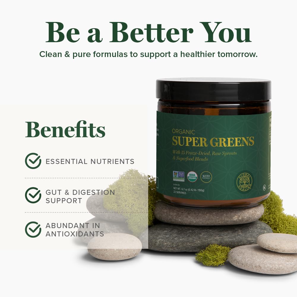 Global Healing Organic Super Greens Powder Blend - Greens Superfood Powder with 15 Raw Whole Sprouts - Delicious Green Juice Smoothie Mix for Daily Nutrition - Non-GMO, Gluten-Free Greens Supplements Global Healing CenterBuy Supplements Australia