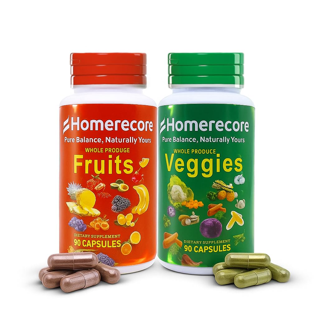 HOMERECORE Whole Food Fruits & Veggies Supplement Plant-Based, Vegan, Gluten-Free, Soy-Free No Fillers Natural Superfoods Boost Energy & Immune System for Men & Women 90 Fruit & 90 Veggie Capsules HOMERECOREBuy Supplements Australia