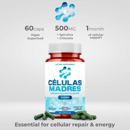 Stem Cell Supplements 500mg (60 Cap) Natural Anti-Aging & Longevity Support with Spirulina & Chlorella, Boost Cellular Renewal, Restore Youthful Energy, Reduce Joint Soreness – Celulas Madre AURA VITAMINSBuy Supplements Australia