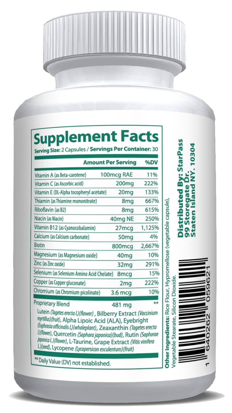 Pure Eye Health Vitamin & Mineral Supplements for Adults | #1 Complete Research Vision Formula w/Bilberry, Lutein, Zeaxanthin, Lycopene, Resveratrol | Supports Eye Strain, Dry Eyes 60 Capsules StarPass LabsBuy Supplements Australia