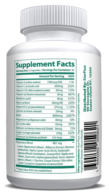 Pure Eye Health Vitamin & Mineral Supplements for Adults | #1 Complete Research Vision Formula w/Bilberry, Lutein, Zeaxanthin, Lycopene, Resveratrol | Supports Eye Strain, Dry Eyes 60 Capsules StarPass LabsBuy Supplements Australia