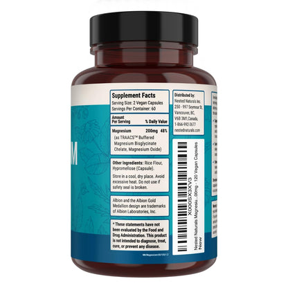 Nested Naturals Magnesium Glycinate Chelate - 200mg Chelated Magnesium Supplement for Muscle Cramps, Relaxation, & Sleep Support - 100% Albion TRACCS Buffered