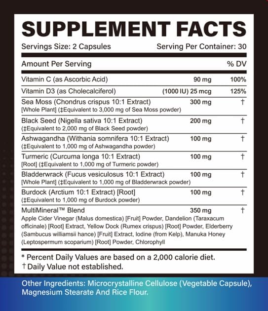 Trisundi Sea Moss Complex with Black Seed Oil, Ashwagandha & Burdock Root – All-in-One Herbal Supplement with Vitamins & Minerals – 60 Capsules TrisundiBuy Supplements Australia