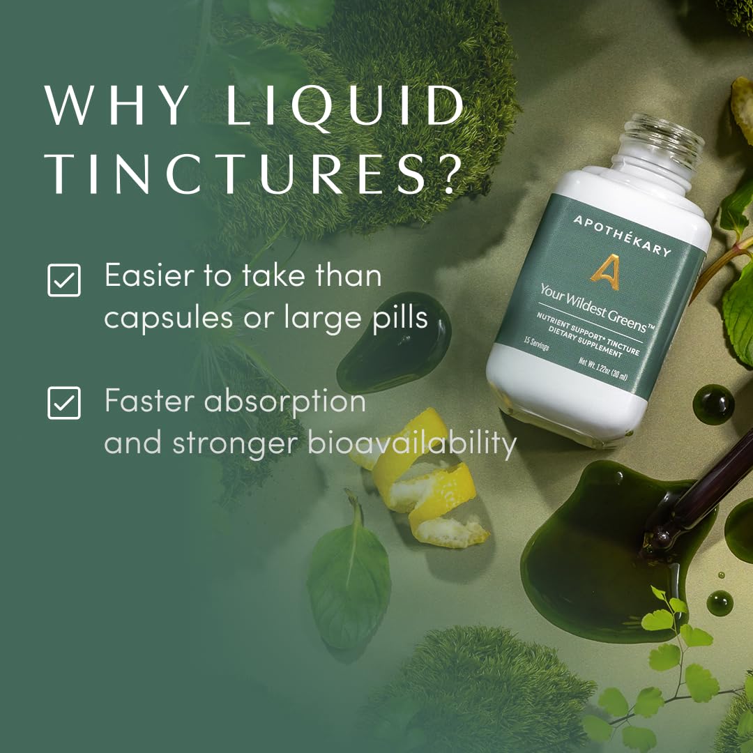 Apothékary Your Wildest Greens Herbal Liquid Drops, All-in-One Daily Superfood Supplement, Vitamin & Mineral Support, 5X Potency of Greens Powders, Sugar Free, Calorie Free, (15 Servings) 1.22oz ApothékaryBuy Supplements Australia