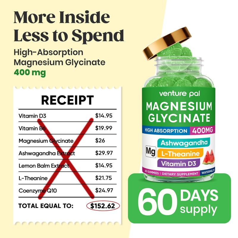 60 Day Supply Magnesium Glycinate 400mg Gummies with Ashwagandha, L-Theanine, CoQ10, Vitamin D3 & B6, Sugar Free Magnesium Gummies for Adults & Kids, Stress Relief, Sleep & Calm, Vegan, Gluten Free Venture PalBuy Supplements Australia