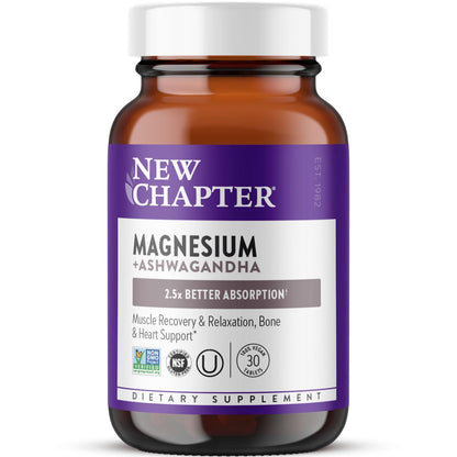 New Chapter Magnesium + Ashwagandha Supplement, 325 mg with Magnesium Glycinate for Muscle Relaxation & Recovery, Heart, Nerve & Bone Health, 2.5X Absorption, Non-GMO - 30 ct (1 Month Supply) New ChapterBuy Supplements Australia