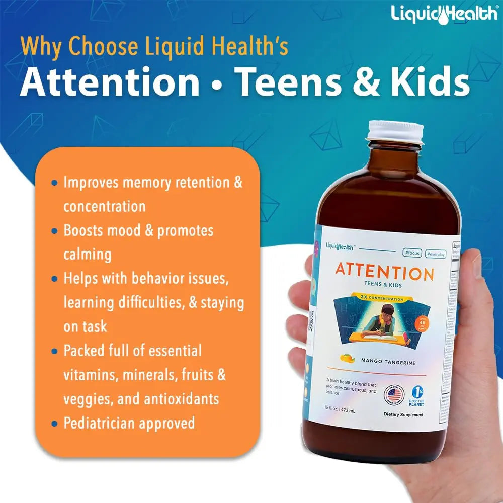 LIQUIDHEALTH Attention, Liquid Multivitamin for Kids & Teens - Improves Memory Retention, Concentration, Focus, Mood, Relaxation & Calming LIQUIDHEALTH