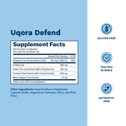Uqora Defend - Urinary Tract Health Supplement - Support Bladder Health & Cleanse Biofilm* with D-Mannose, Green Tea Extract, Turmeric Extract & More