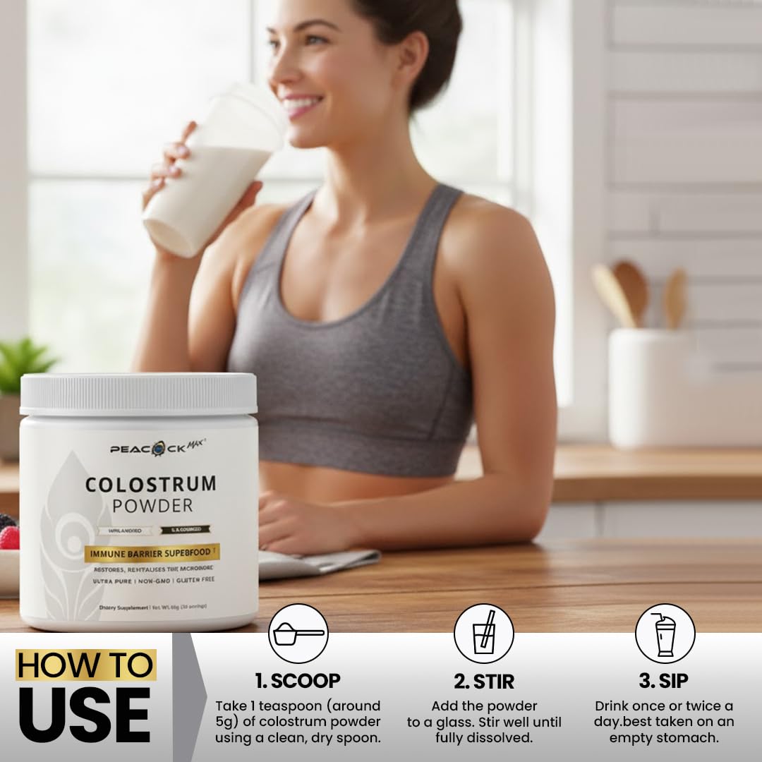 Peacock Max Colostrum Powder – 60g (30 Servings), Unflavored Bovine Colostrum Supplement, Superfood for Hair, Skin & Gut Health, Gluten-Free, Non-GMO Peacock MaxBuy Supplements Australia