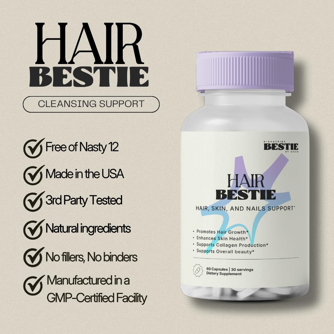 Biohacking Bestie Hair Bestie for Women & Men - Hair Growth Supplement with Biotin, Collagen, Vitamin B5, & Keratin, Support for Skin Health & Nails - 60 Capsules Biohacking BestieBuy Supplements Australia
