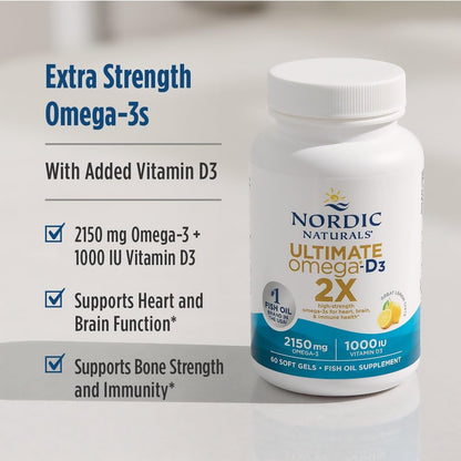 Nordic Naturals Ultimate Omega 2X with Vitamin D3, Lemon Flavor - 60 Soft Gels - 2150 mg Omega-3 + 1000 IU D3 - EPA & DHA - Brain, Heart, & Immune Health - 30 Servings Nordic NaturalsBuy Supplements Australia