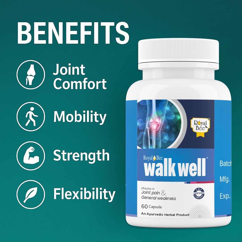 Royal Bee Walkwell Capsules – 60 Capsules – Supports Joint Pain & Inflammation Relief · Useful in Osteoarthritis · Promotes Flexibility & Mobility · Clinically Studied Herbal Ingredients GenericBuy Supplements Australia