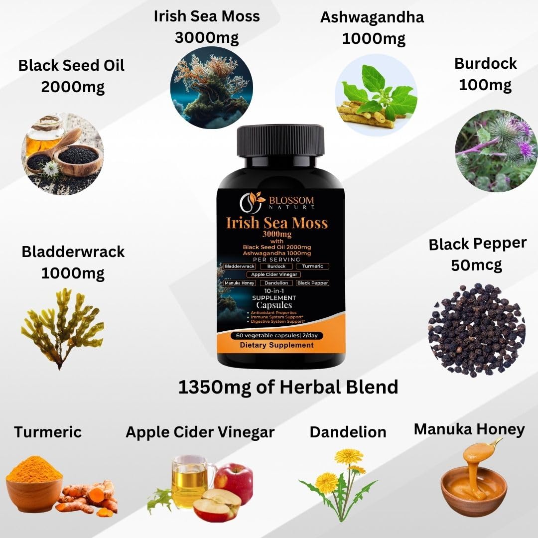 10-in-1 Irish Sea Moss Veggie Caps 3000mg Black Seed Oil Ashwagandha Bladderwrack Burdock Turmeric Apple Cider Vinegar Manuka Honey Dandelion Black Pepper - Made in US(Veggie Caps, Unflavored) Blossom NatureBuy Supplements Australia