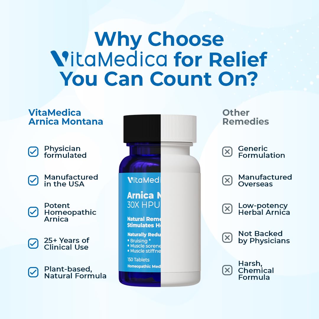 VitaMedica Arnica Montana 30X Rapid Dissolve Arnica Tablets for Natural Pain, Bruising, and Swelling Support - Homeopathic Medicine for Injury and Surgery Recovery - 150 Ct - 50 Servings VitaMedicaBuy Supplements Australia
