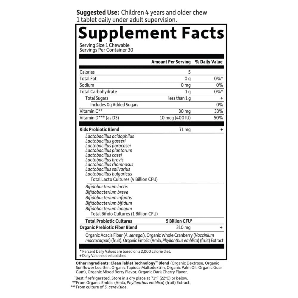 Garden of Life Dr. Formulated Probiotics for Kids, Organic Kids+ - Berry Cherry, 5 Billion CFU Chewable Probiotic plus Vitamin C and D Garden of Life