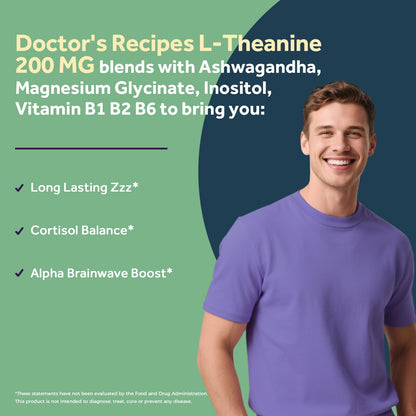 Doctor's Recipes L-Theanine 200 mg, Magnesium Glycinate, Ashwagandha, Inositol, Vitamin B6 B1 B2, Calm Relaxation Mood Cortisol Manager Nerve Focus Sleep Aid Quality No Drowsiness, Vegan, 90 Capsules Doctor's RecipesBuy Supplements Australia