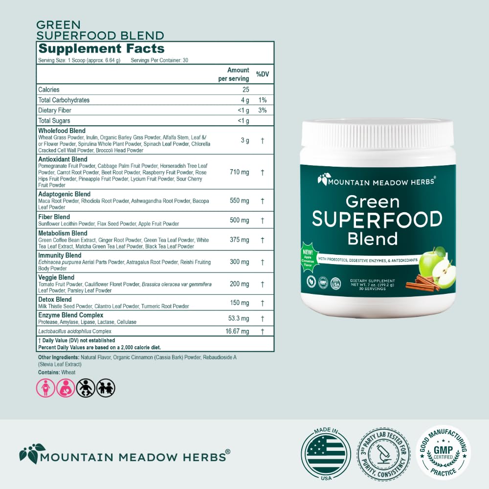 Mountain Meadow Herbs Green Superfood Blend – Spirulina, Chlorella, Mushrooms, Probiotics, Digestive Enzymes, Antioxidants – Organic Greens Powder for Energy & Gut Health – 30 Servings Mountain Meadow HerbsBuy Supplements Australia