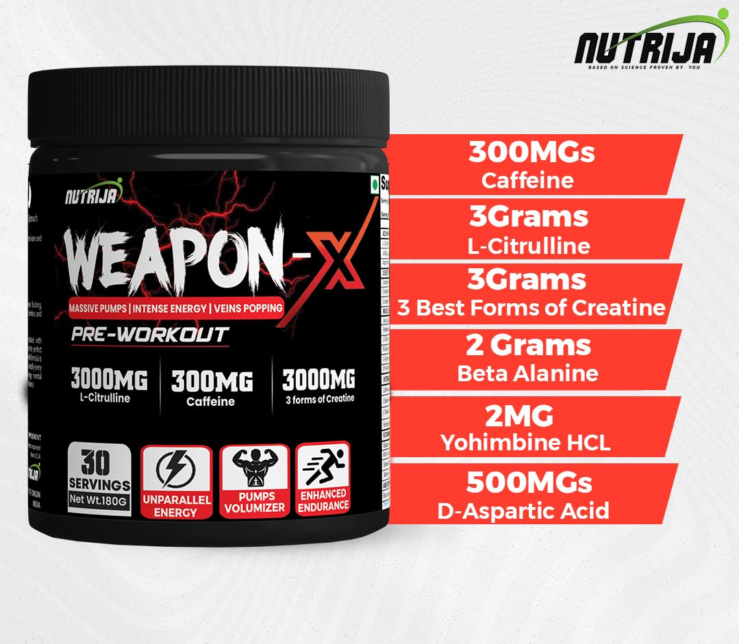 NutriJa Weapon-X Pre-Workout Powder with 21 Active Ingredients - 3 Best Forms of Creatine, AAKG, Beta-Alanine, Caffeinated | Pumps, Viens Popping, Energy, Focus & Strength (60 Servings (Mango))