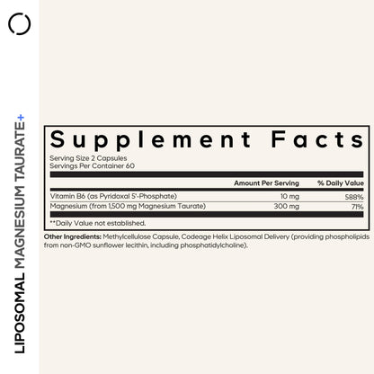 Codeage Liposomal Magnesium Taurate+ Supplement - Magnesium Taurate, Vitamin B6 as Pyridoxal 5-Phosphate, 2-Month Supply - Liposomal Delivery, Vegan, Non-GMO, Gluten-Free, 120 Capsules CodeageBuy Supplements Australia