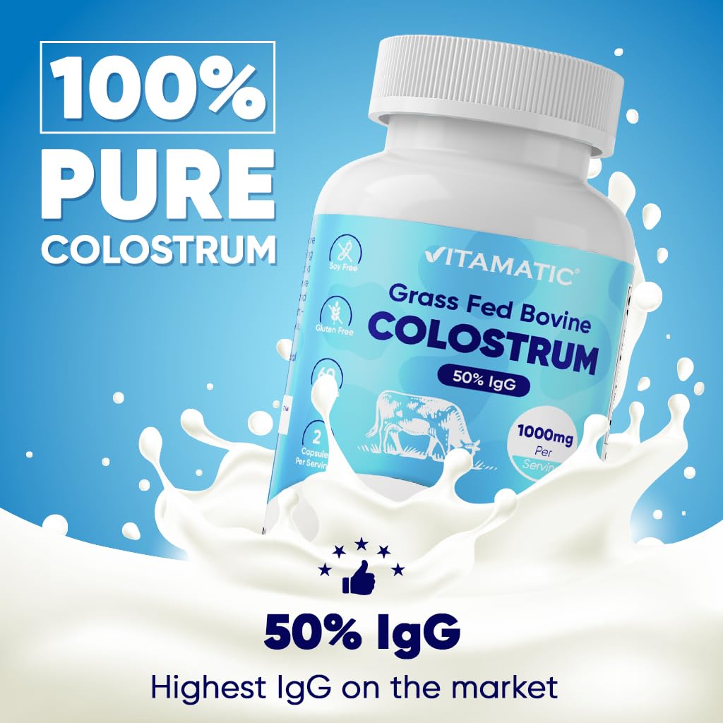 Vitamatic Bovine Colostrum Supplement 1000 mg per Serving - 50% Highest IgG - Supplement for Gut Health, Hair Growth, Beauty, Muscle Recovery, & Immune Support - 120 Capsules VitamaticBuy Supplements Australia