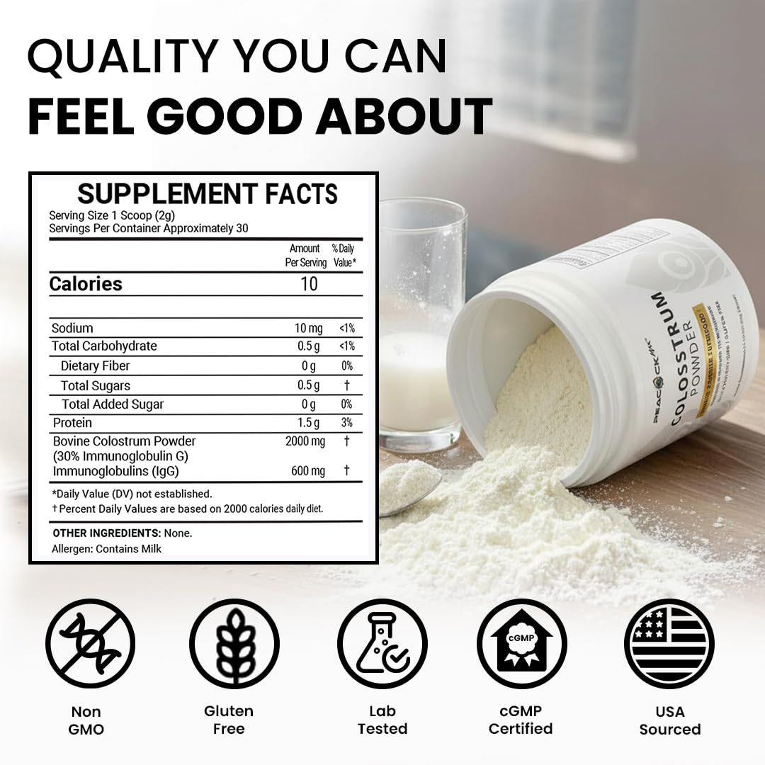 Peacock Max Colostrum Powder – 60g (30 Servings), Unflavored Bovine Colostrum Supplement, Superfood for Hair, Skin & Gut Health, Gluten-Free, Non-GMO Peacock MaxBuy Supplements Australia