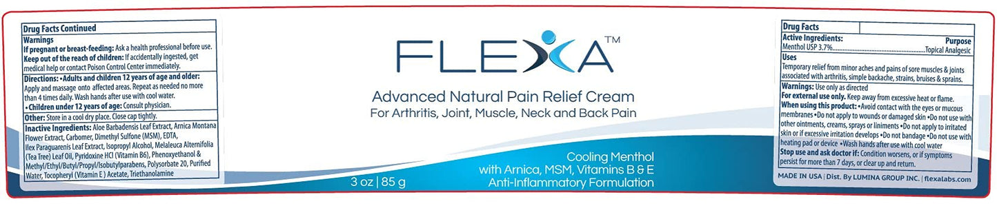 FLEXA Natural Relief Cream - Use on Muscles, Back, Neck, and Joints - with Arnica, Menthol, MSM, Ilex Leaf, and Tea Tree Oil - 3 Oz Jar FLEXABuy Supplements Australia