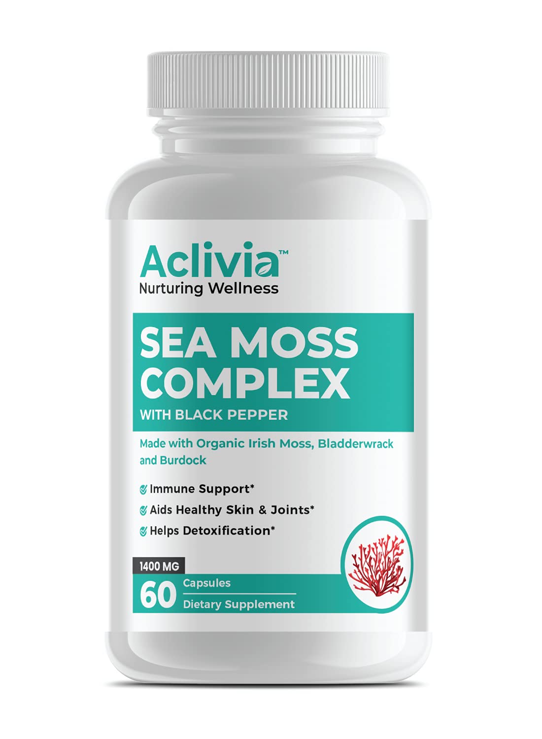 Aclivia - Organic Irish Sea Moss Capsules with Bladderwrack & Burdock Root - 102 Minerals Sea Moss Supplement - Thyroid Support, Immune Boost - Non-GMO (60 Count) AcliviaBuy Supplements Australia