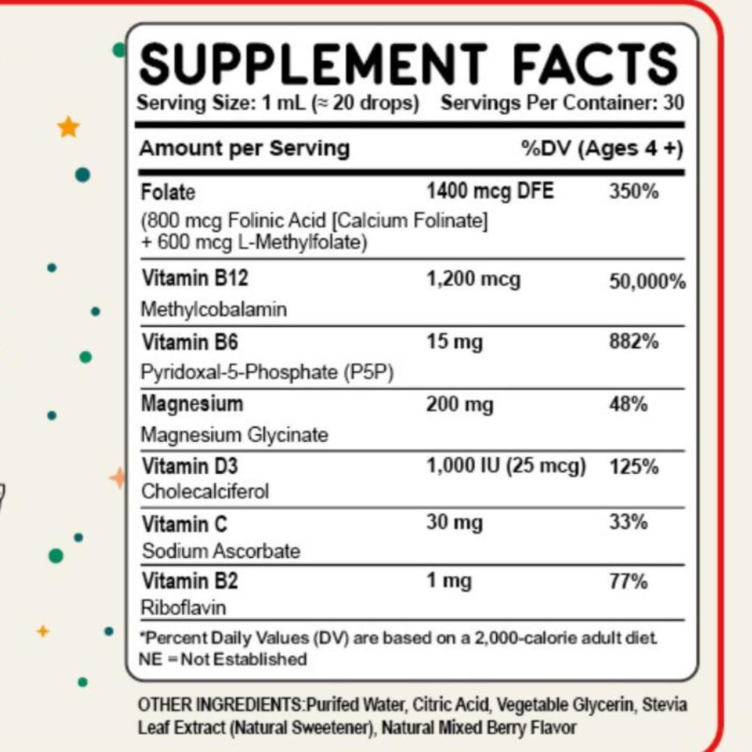 Folinic Acid Drops Kids 800 mcg + L-Methylfolate + B12 +P5P B6 Gentle Methylation Great Taste, Magnesium Glycinate, Vitamin D3 & C Folate Support for Brain,Focus, Mood & Cellular Health 5-MTHF Drops True reflectionzBuy Supplements Australia