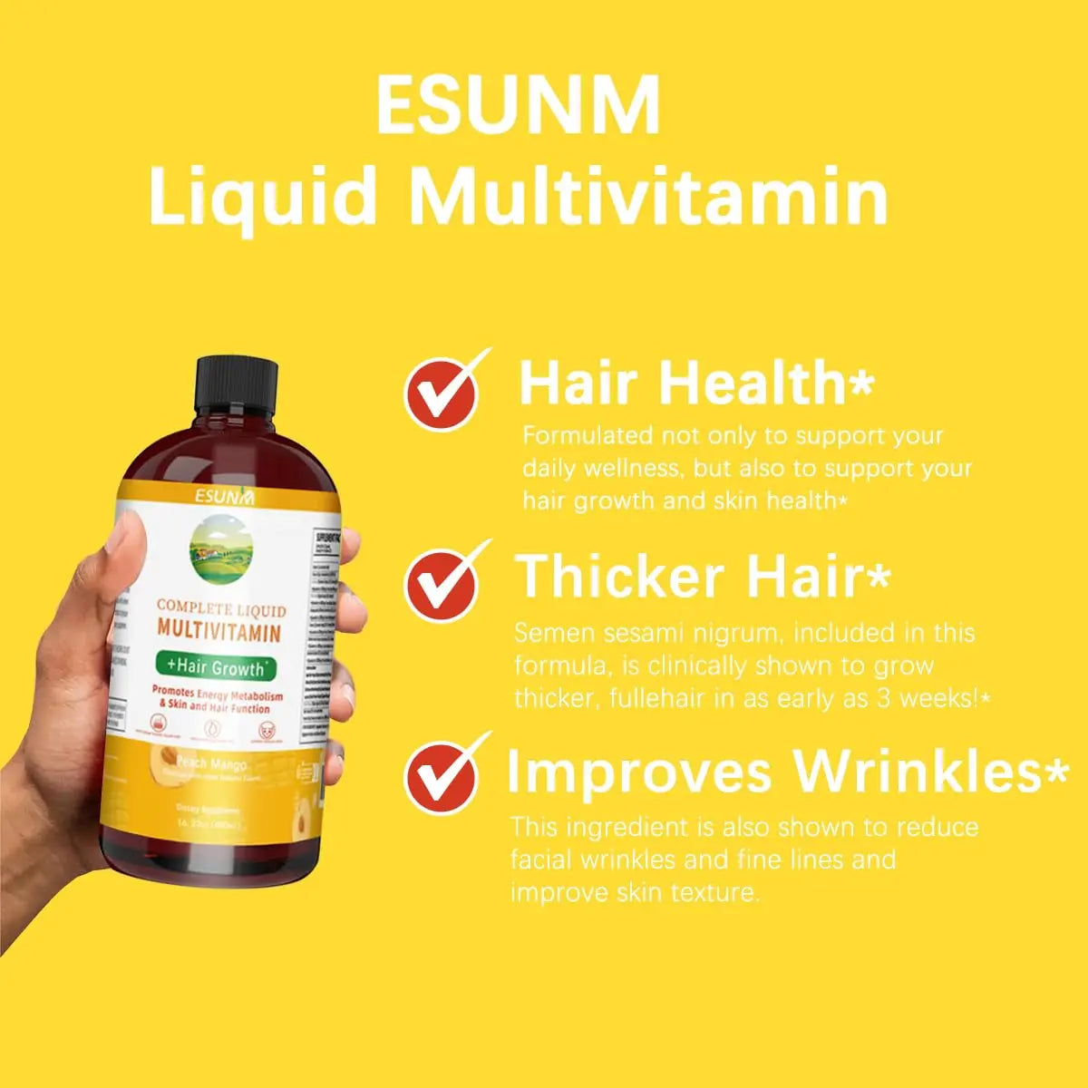 ESUNM Complete Liquid Multivitamin + Hair Growth, Promotes Energy Metabolism& Skin and Hair Function| Vitamin C D | B Vitamins | ESUNM