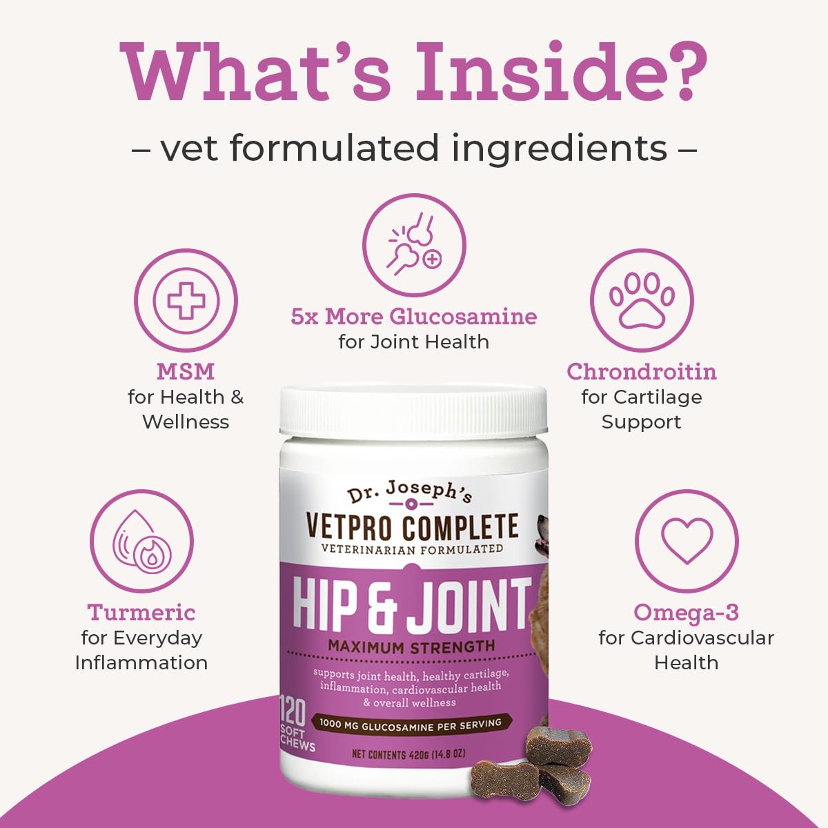 Dr. Joseph's VetPro Complete Dog Hip & Joint Supplement for Arthritis Pain Relief – High-Strength Glucosamine & Chondroitin Chews for Senior Dogs – Vet Formulated Daily Treats, Chicken Flavor, 60 Ct VetPro CompleteBuy Supplements Australia