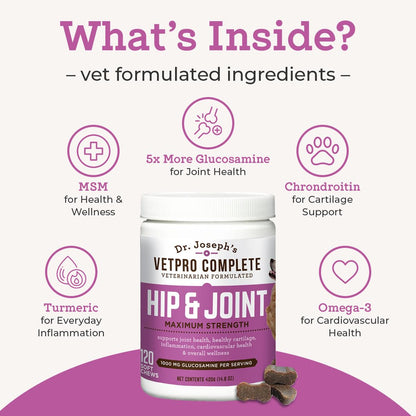 Dr. Joseph's VetPro Complete Dog Hip & Joint Supplement for Arthritis Pain Relief – High-Strength Glucosamine & Chondroitin Chews for Senior Dogs – Vet Formulated Daily Treats, Chicken Flavor, 60 Ct VetPro CompleteBuy Supplements Australia