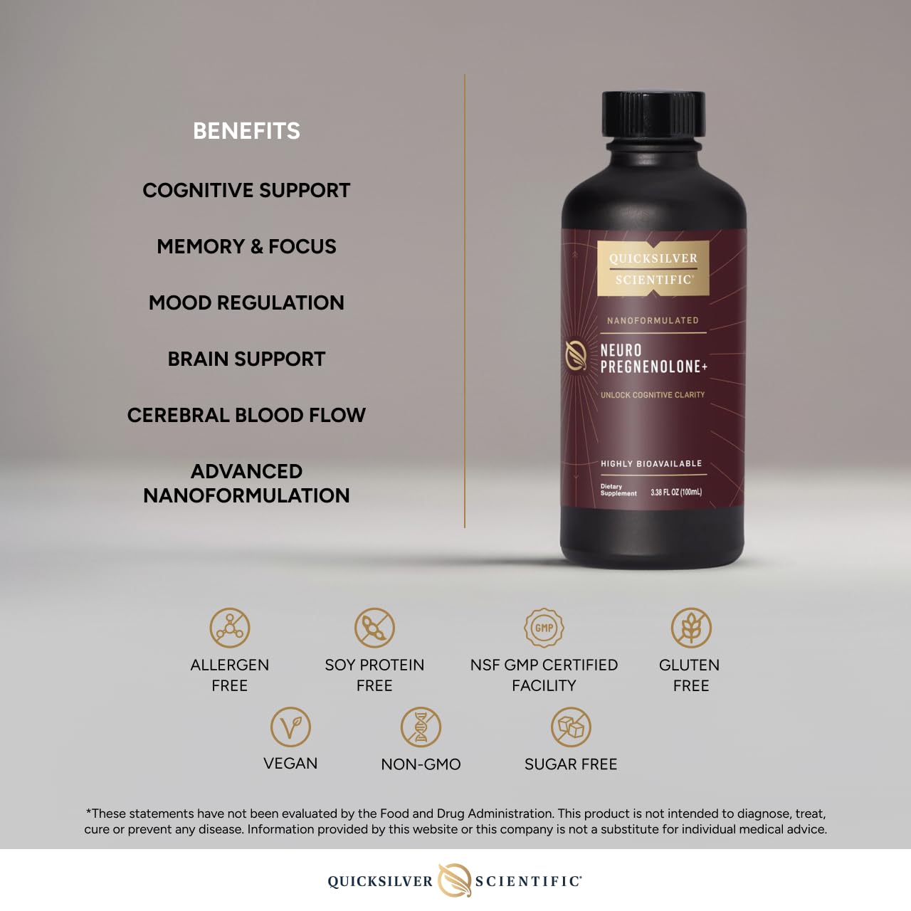 Quicksilver Scientific Neuro Pregnenolone+ - Brain Support Supplement for Neurological Health - Neuroactive Ingredients - Rapid Absorption - Vegan, Sugar-Free & Gluten-Free - 3.38 fl oz (20 Servings) Quicksilver ScientificBuy Supplements Australia