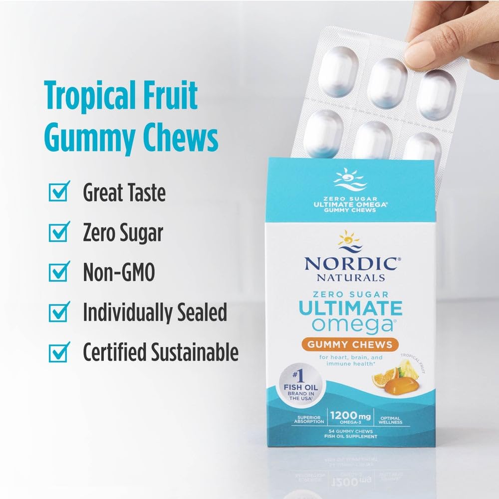 Nordic Naturals Zero Sugar Ultimate Omega Gummy Chews - Tropical Fruit - 54 Gummy Chews - Non GMO - Optimal Wellness - 27 Servings Nordic NaturalsBuy Supplements Australia