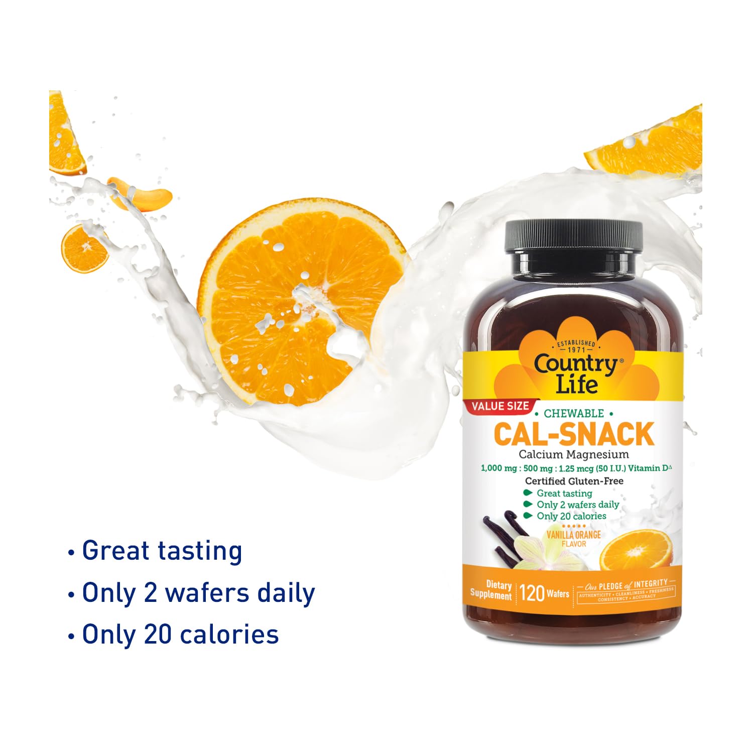 Country Life Cal-Snack - Chewable Calcium Magnesium Supplement wafers with Vitamin D3, Easy to Digest, Vanilla Orange Flavor, Dietary Supplement Country LifeBuy Supplements Australia