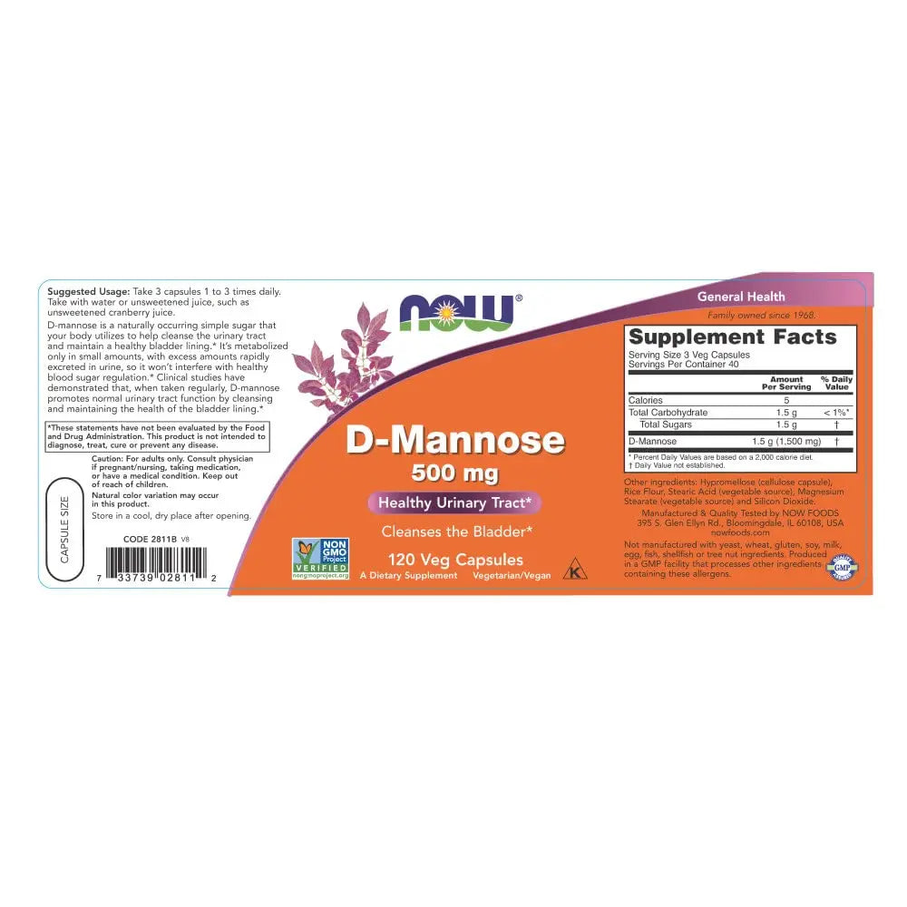 NOW Foods Supplements, D-Mannose 500 mg, Non-GMO Project Verified, Healthy Urinary Tract*, 120 Veg Capsules (Pack of 3) NOW FoodsBuy Supplements Australia