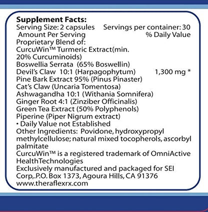 Theraflex RX® Capsules for Relief of Joint & Muscle Discomfort, Mobility and Healthy Inflammation Response with Patented Curcuwin® Turmeric Extract, Boswellia, Ashwaganda, 60 Capsules Theraflex RXBuy Supplements Australia