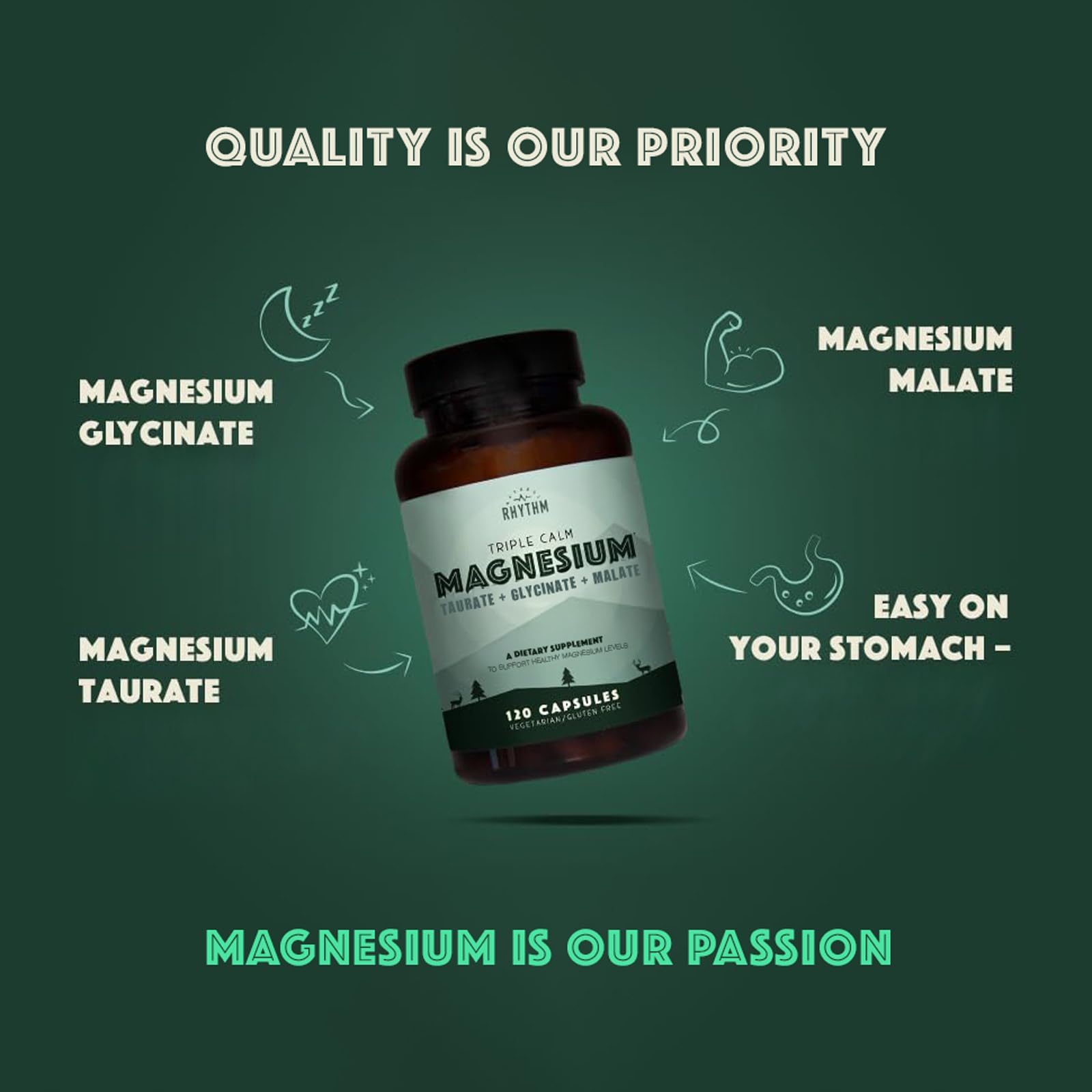 Natural Rhythm Triple Calm Magnesium Complex - 120 Capsules, Chelated Magnesium Glycinate, Taurate & Malate, High Absorption Supplement for Sleep, Stress, Muscle & Heart Support, Non-GMO, Vegan Natural RhythmBuy Supplements Australia