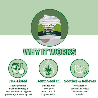 Hempvana 5% Lidocaine Relief Cream, Maximum Strength, AS-SEEN-ON-TV, Strong Cream, Numbs Irritated Nerves for Fast Anorectal Relief, Non-Greasy, Targeted Long-Lasting Relief. Enriched with Hemp, 3 Oz HempvanaBuy Supplements Australia