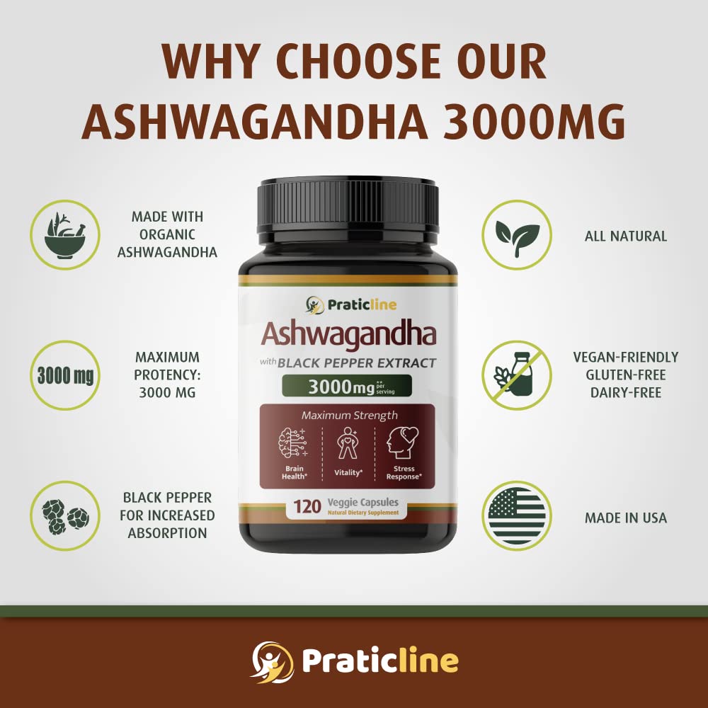 PRATIC LINE Ashwagandha Capsules 3,000 mg - 120 Vegan Cap Made with Organic PRATIC LINEBuy Supplements Australia