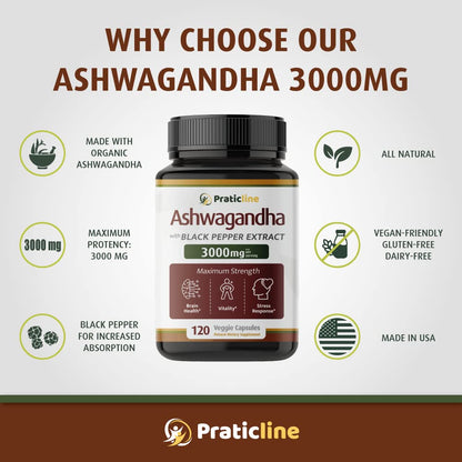 PRATIC LINE Ashwagandha Capsules 3,000 mg - 120 Vegan Cap Made with Organic PRATIC LINEBuy Supplements Australia