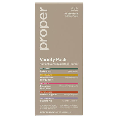 Proper The Essentials Super Foods Powder 5-Stick Variety Pack - Super Greens, Gut Health, Metabolism & Energy, Calm Magnesium Powder & Immune Support Supplement Packs ProperBuy Supplements Australia
