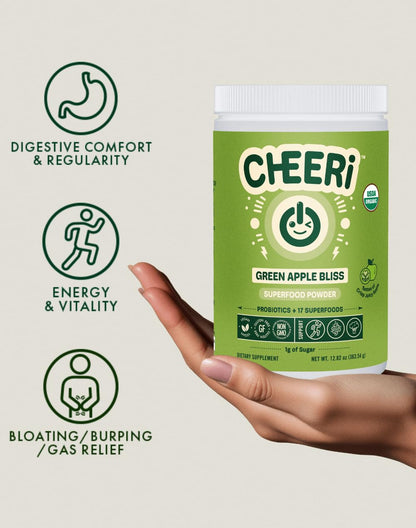 Cheerific Green Apple Bliss Superfood Powder - 20+ Organic Superfoods + Prebiotic & Probiotics + More - Keto Friendly - Supports Positive Mood, Gut Health - Vegan, Gluten Free, Non-GMO - 30 Day Supply CheerificBuy Supplements Australia