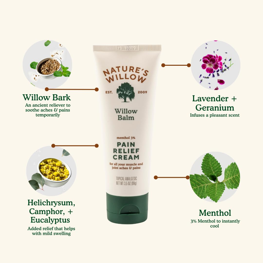 Nature's Willow Willow Balm Natural Pain Relief Cream for Muscles & Joints | Fast-Acting with Willow Bark & Menthol | Free from Artificial Fragrances & Dyes | 1-Pack | 3.5 fl oz Nature's WillowBuy Supplements Australia